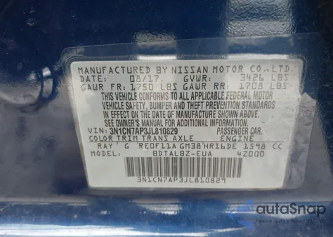 2018 Nissan Versa 1.6 Sv из США, поврежденный, VIN 3N1CN7AP3JL810829